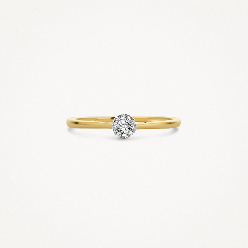 14k geelgouden ring met briljant geslepen diamant in zeskantige zetting.