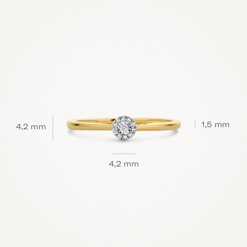 14k geelgouden ring met ronde diamant en slanke band van 1,5 mm.