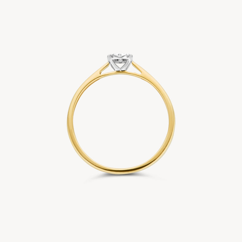 14k geel goud ring met 14k wit goud zetting en centrale diamant in klassieke stijl.