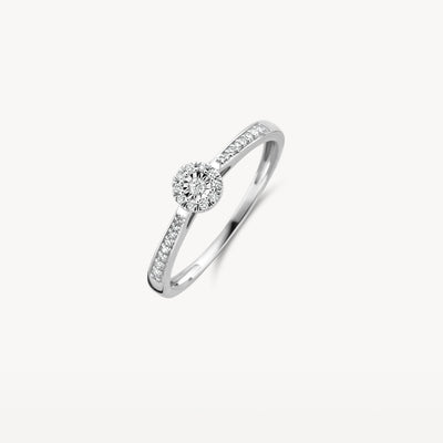 14k wit gouden ring met centrale diamant en kleine diamanten op de band.