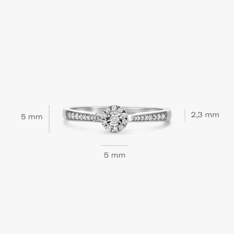 14k wit gouden ring met centrale diamant en kleine diamanten op de band, 5 mm breed.