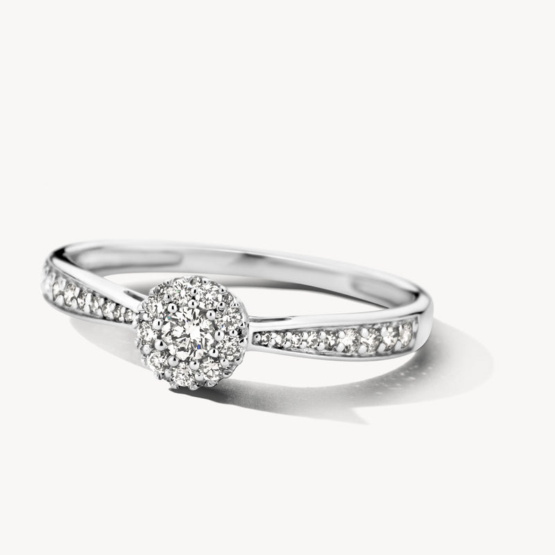 14k wit goud ring met centrale diamant en zijdelingse diamanten zetting.