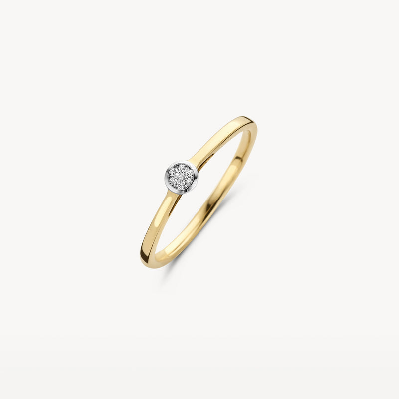 Slanke ring van 14k geel goud met een enkele natuurlijke diamant in wit goud zetting.