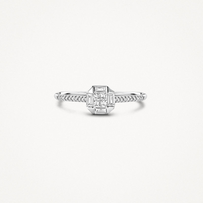 14k wit gouden ring met vierkante diamant en gedraaide band.