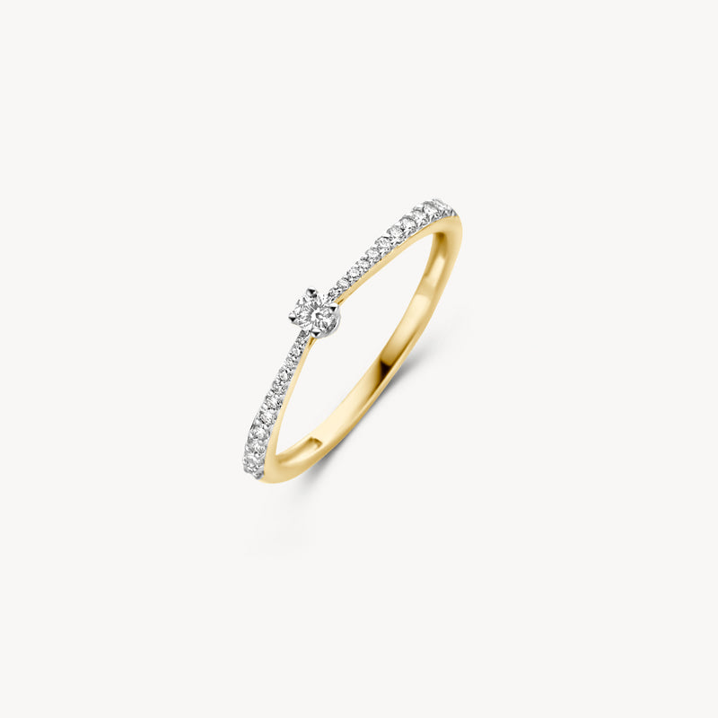 Bicolor diamanten ring met 14k geel goud en 14k wit goud, centrale diamant, fijne zetting.