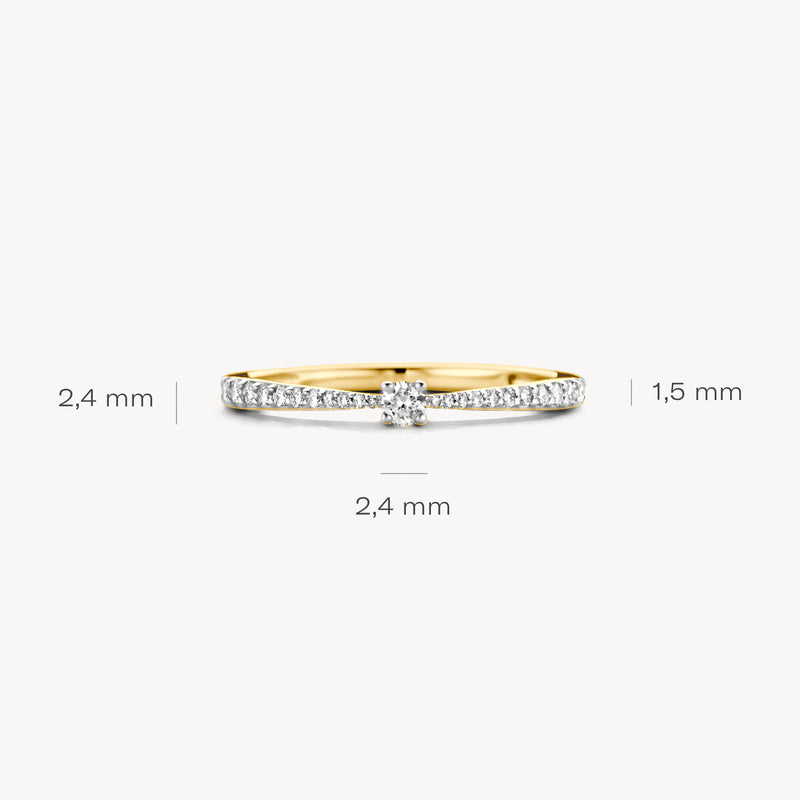 14k geelgouden ring met fonkelende diamanten en 14k witgouden accenten, smal ontwerp.