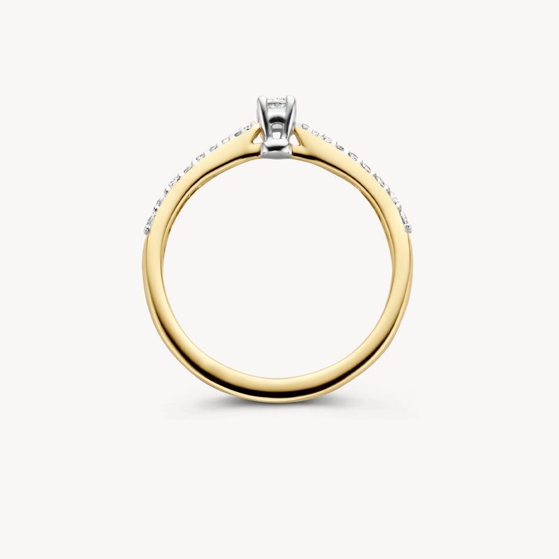 Bicolor ring met 14k geel goud en witte zetting voor diamant, smalle band.