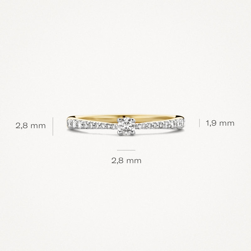 14k geelgouden ring met witte gouden band en centrale diamant 2,8 mm breedte.