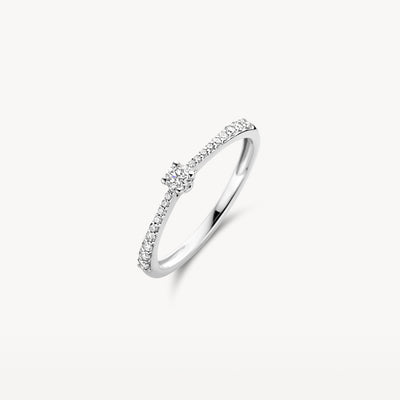 Dunne diamanten ring van 14k wit goud met een centrale briljant geslepen diamant.