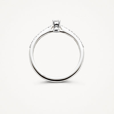 Slanke diamanten ring in 14k wit goud met centraal briljant geslepen diamant.