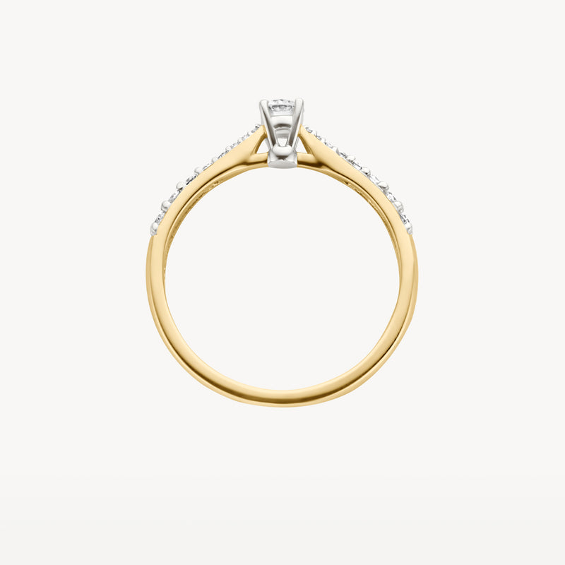 Bicolor ring met 14k geel goud en zetting van 14k wit goud, natuurlijke diamant bovenaan.