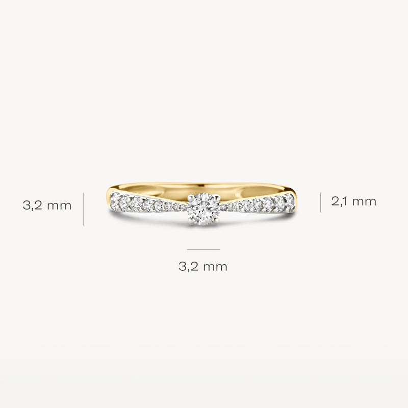14k geelgouden ring met centrale diamant en zijkanten van 14k wit goud, smal design.