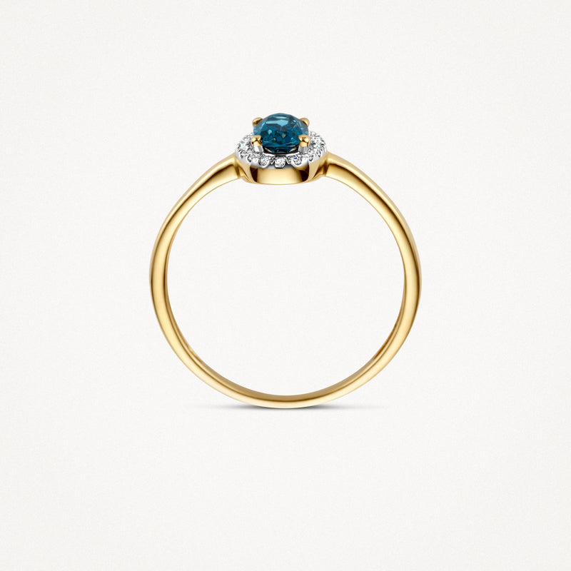 14k geelgouden ring met ronde blauwe topaz en kleine diamanten rondom.