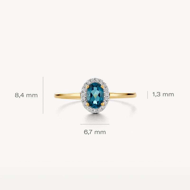 14k geelgouden ring met ovale blauwe topaz en diamant halo, 8,4 mm breed.