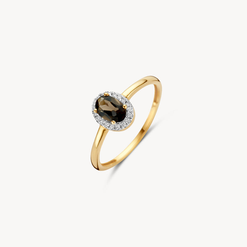 14k geelgouden ring met ovale smokey quartz en kleine diamanten rondom.