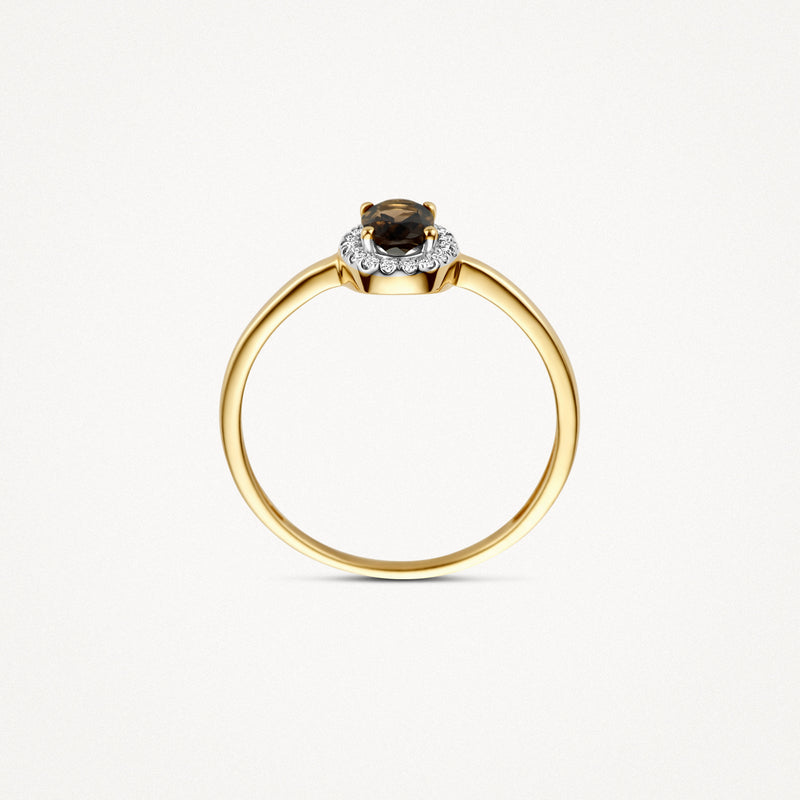 14k geelgouden ring met ronde smokey quartz en kleine diamanten rondom.
