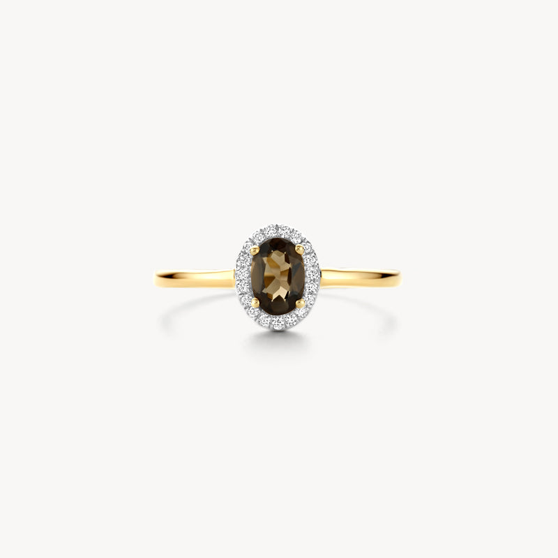 14k geelgouden ring met ovale smokey quartz en diamanten halo.