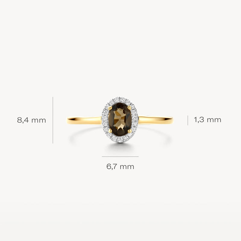 14k geelgouden ring met ovale smokey quartz en diamant halo, 8,4 mm breed en 1,3 mm band.