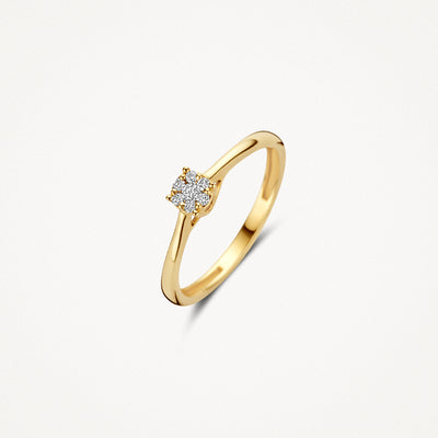 14k geelgouden ring met enkele ronde geslepen diamant in vierklauw zetting.