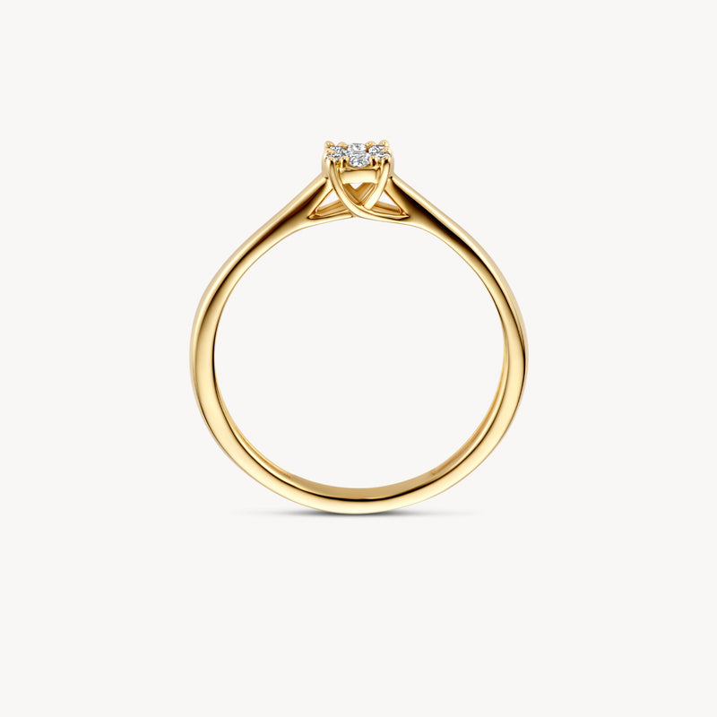Gouden diamanten ring met solitaire zetting, 14k geelgoud, slanke band.