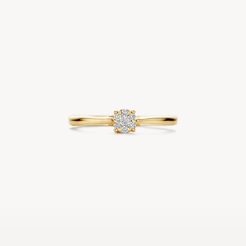 14k geelgouden ring met centrale briljant geslepen diamant en smalle band.