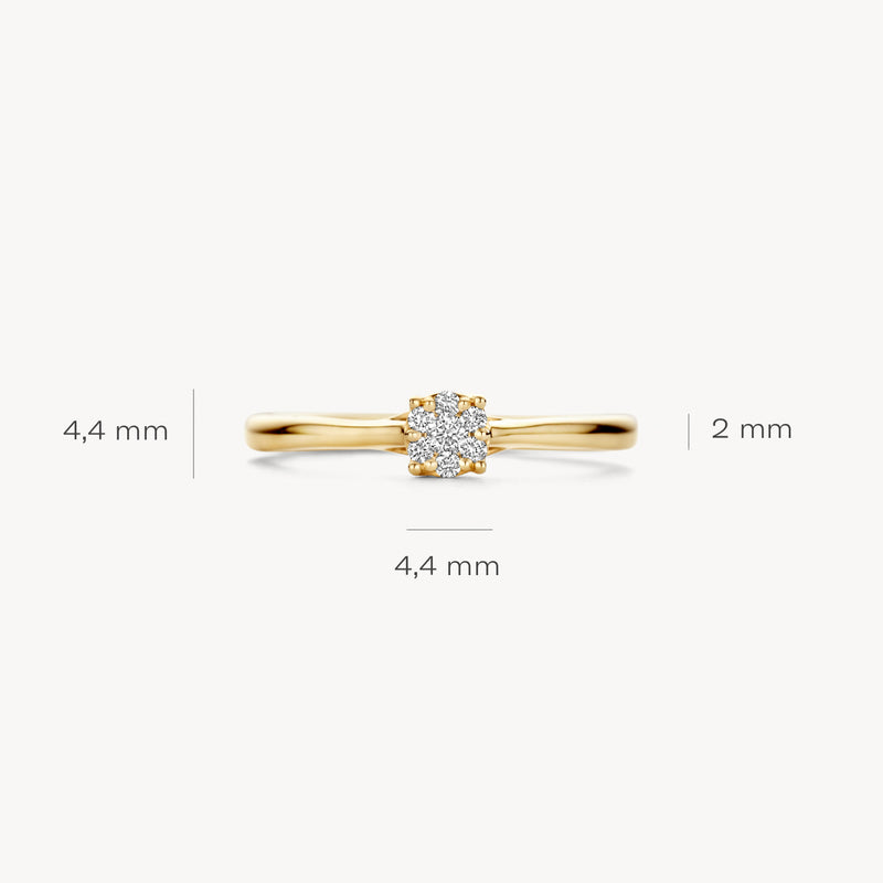 14k geelgouden ring met ronde diamant van 4,4 mm en 2 mm smalle band.