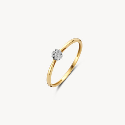 Dunne ring van 14k geel goud met enkele ronde natuurlijke diamant in zetting.
