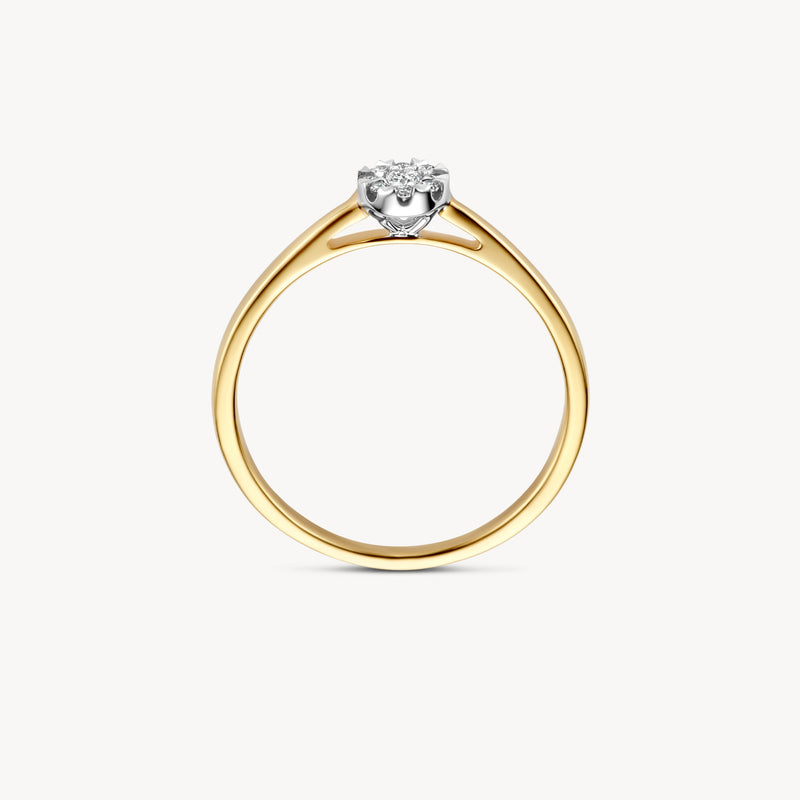 14k geelgouden ring met solitaire natuurlijke diamant en 14k wit gouden zetting.