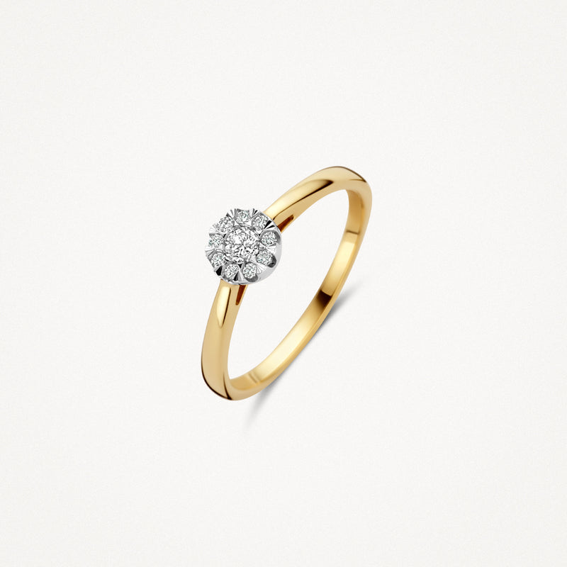 14k geel goud ring met cluster van natuurlijke diamanten in 14k wit goud.