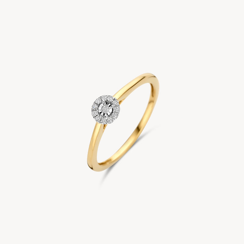 Bicolor ring met ronde natuurlijke diamant in 14k geel en wit goud, klassieke slanke band.