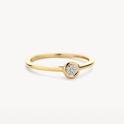 14k geelgouden ring met cirkelvormige zetting en kleine diamantenbouton.
