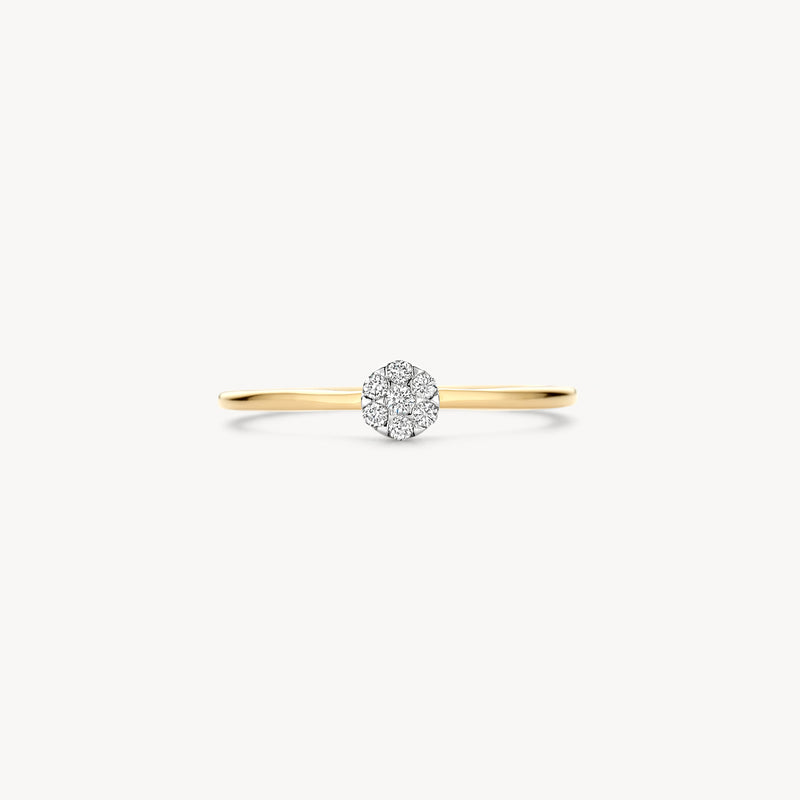 14k geelgouden ring met witte goud zetting en een centrale natuurlijke diamant.