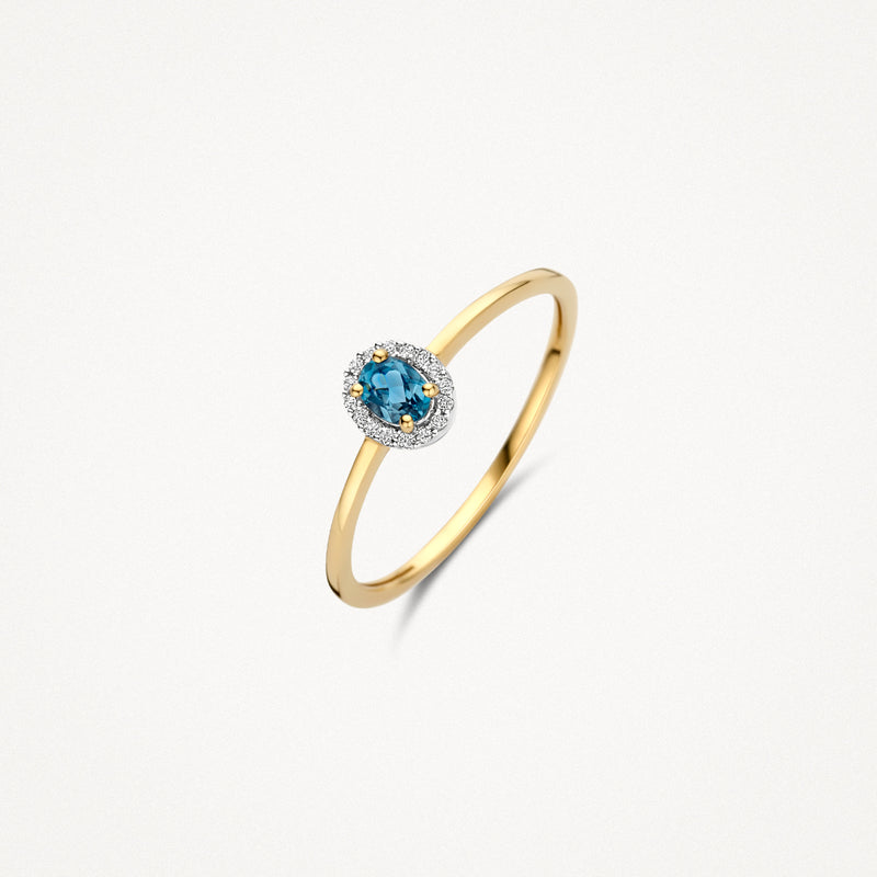 14k geel goud ring met ronde London blauwe topaas en diamant halo.
