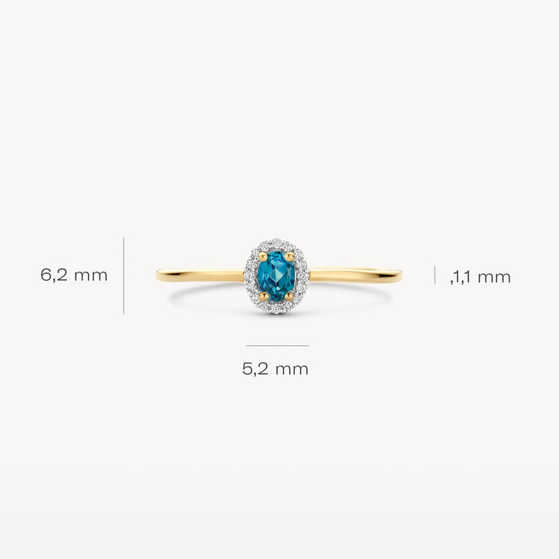 14k geelgouden ring met ovale London blauwe topaas en kleine diamanten halo, smalle band van 1,1 mm.