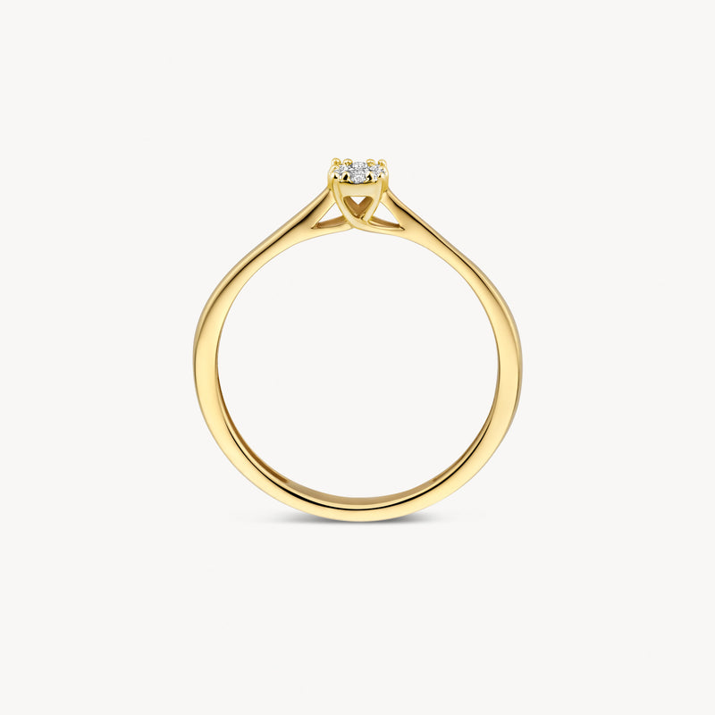14k goud ring met enkele diamant in moderne zetting, smal bandje.