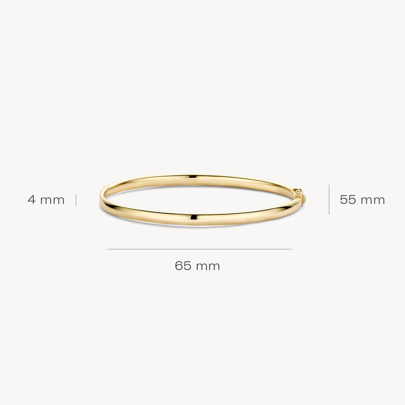 Bangle van 14k geelgoud met een diameter van 65 mm en breedte van 4 mm, bicolor goud accent zichtbaar.