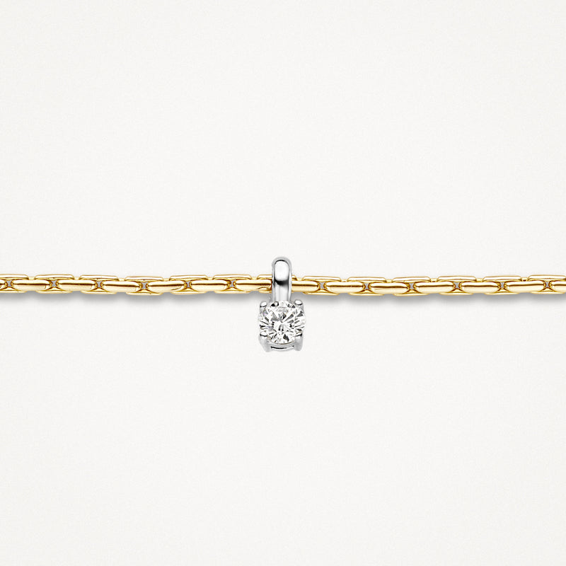Bicolor armband met 14k geel goud schakels en hanger met witte zirkonia in 14k wit goud.