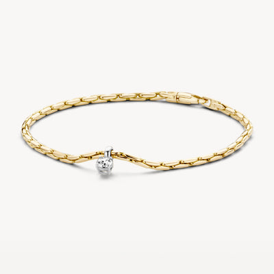 Bicolor armband van 14k geel en wit goud met fijne schakels en zirkonia hanger.