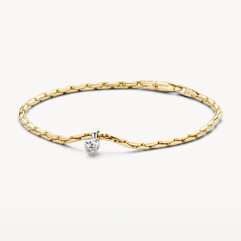 Bicolor armband van 14k geel en wit goud met fijne schakels en zirkonia hanger.