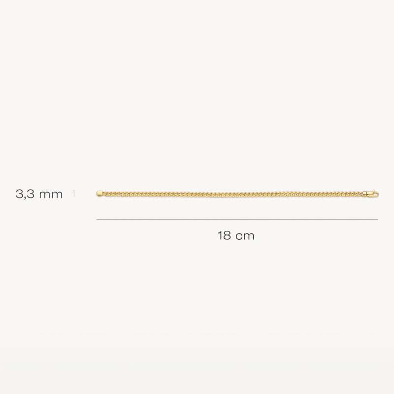 Armband van 14k geel goud met fijne schakel, 18 cm lang en 3,3 mm breed.