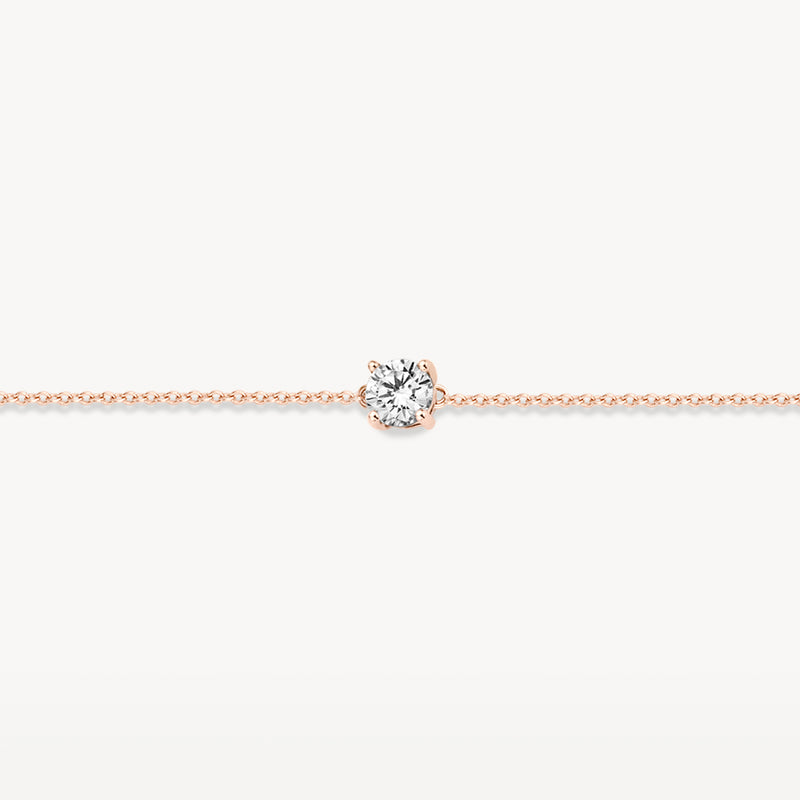 14k rosé gouden armband met fijne schakel en fonkelende zirkonia centraal.
