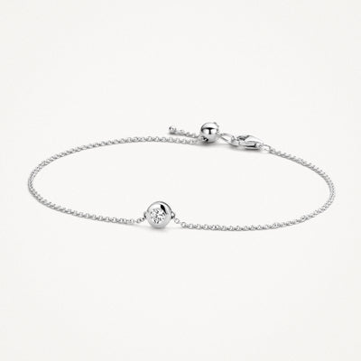 14k witgouden schakelarmband met kleine zirkonia hanger en verstelbare sluiting.