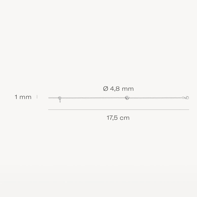 Dunne 14k witgouden schakelarmband van 1 mm breedte, 17,5 cm lang, met fijne zirkonia's.