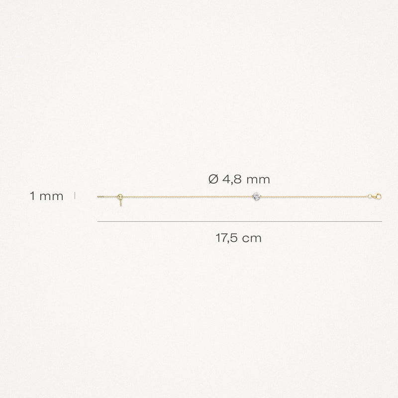 Feines Armband aus 585er Gelbgold mit kleinen Zirkonen, Durchmesser 4,8 mm, Länge 17,5 cm.