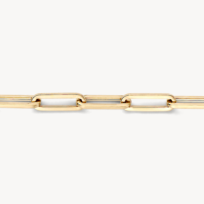 14k geelgouden armband met grove schakels en lange ovale vormen.