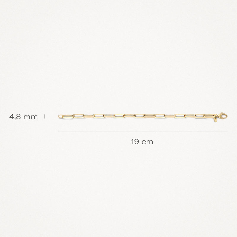 Armband van 14k geelgoud met fijne schakel, 4,8 mm breed en 19 cm lang.