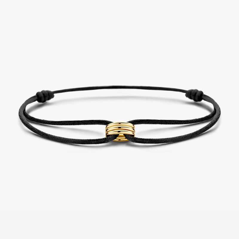 Armband met 14k geelgoud schakel en zwart zijden koord.