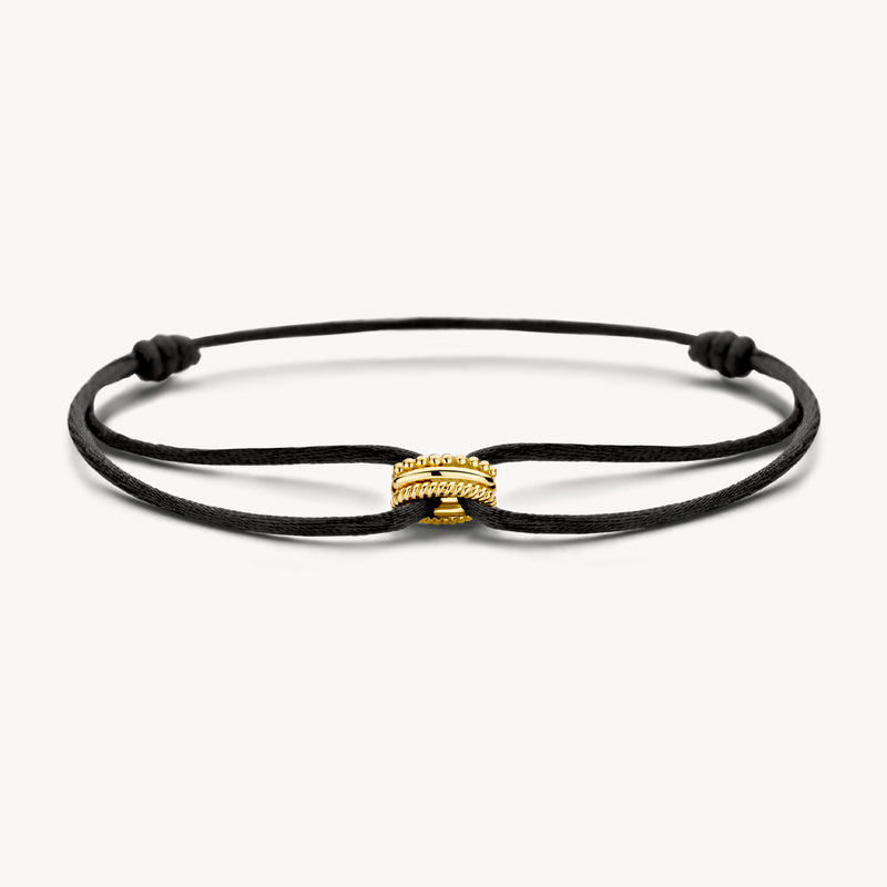 Armband met zwarte zijdekoord en 14k geelgouden bicolor goud detail.