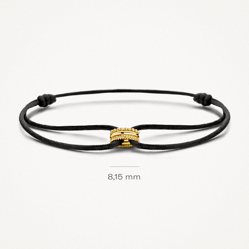 Armband met 14k geelgouden schakels en zwart zijdekoord, 8,15 mm breed.