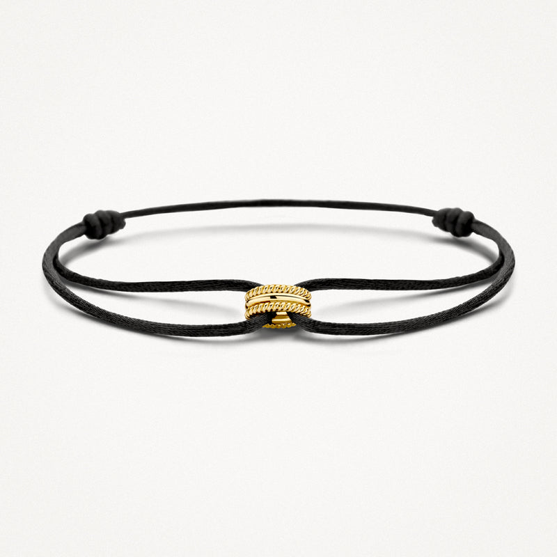 14k geelgouden armband met zwart zijdekoord en gedetailleerd bicolor goud centraal element.